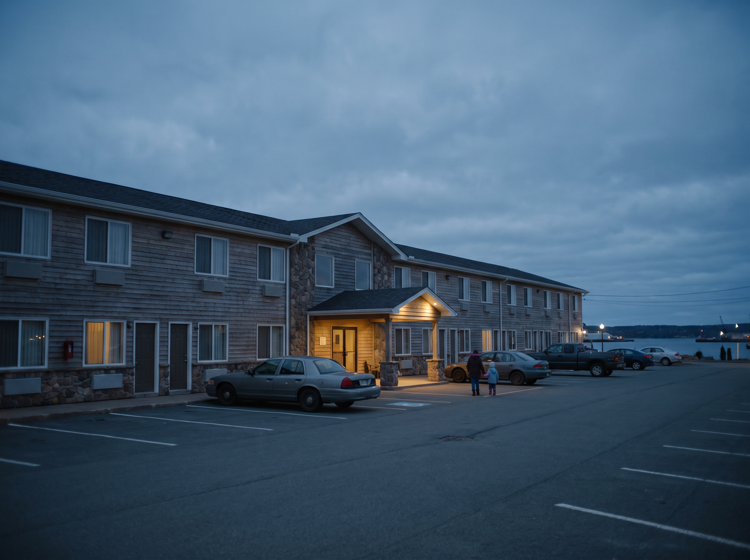 Harbour Light Motor Inn exterior by the coast at blue hour, an illustrative hospitality example.