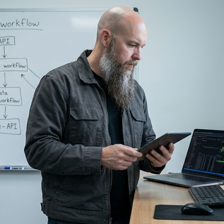 Nelson Solutions founder reviews a tablet beside a laptop and workflow whiteboard.