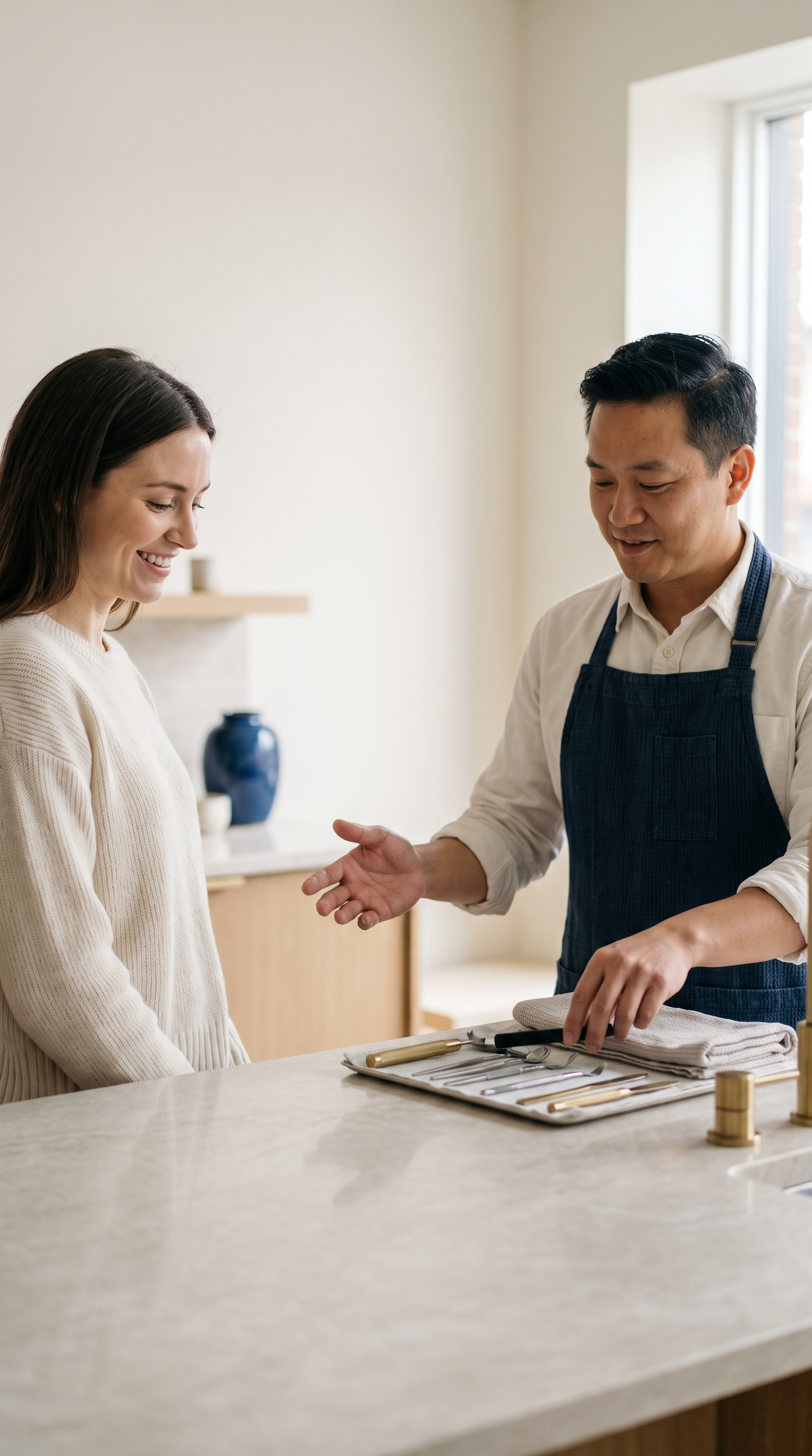 Two people coordinate an appointment-led service interaction, shown as an illustrative example.