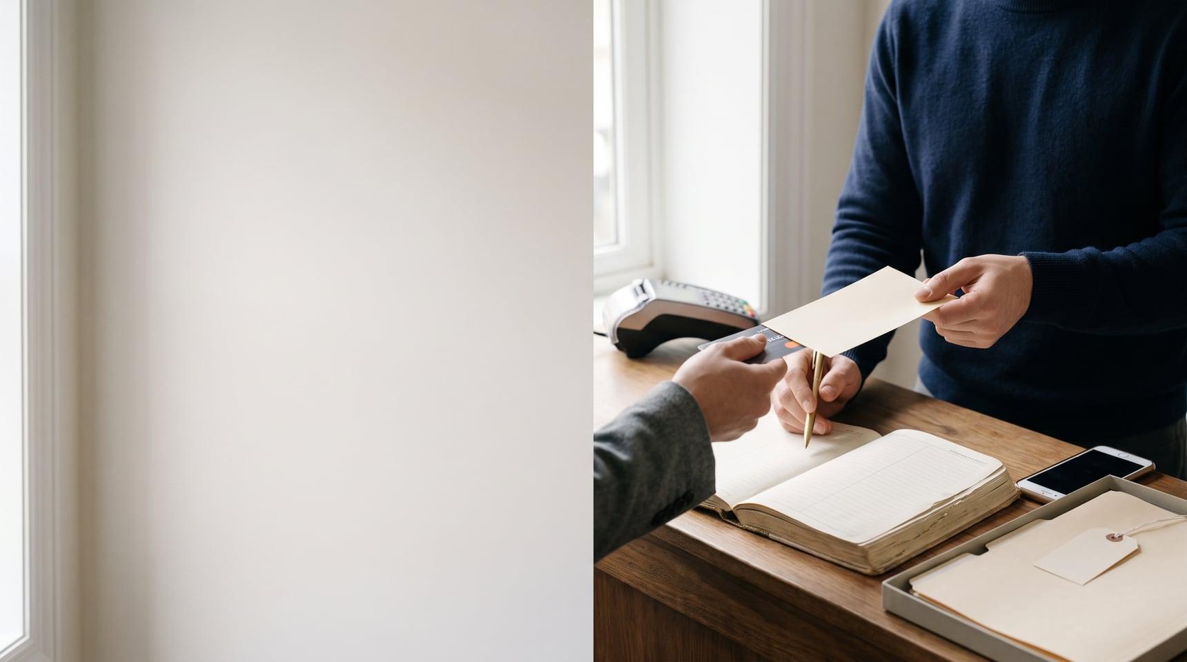 Two people complete a business handoff with a package, notebook, and payment tools.