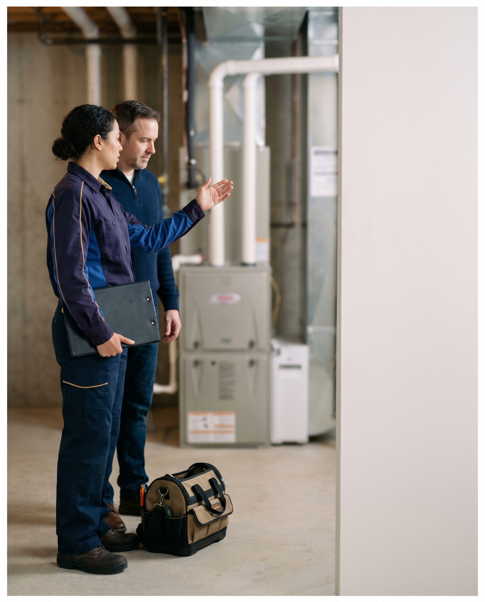 A service technician discusses building equipment with a colleague in a mechanical room.