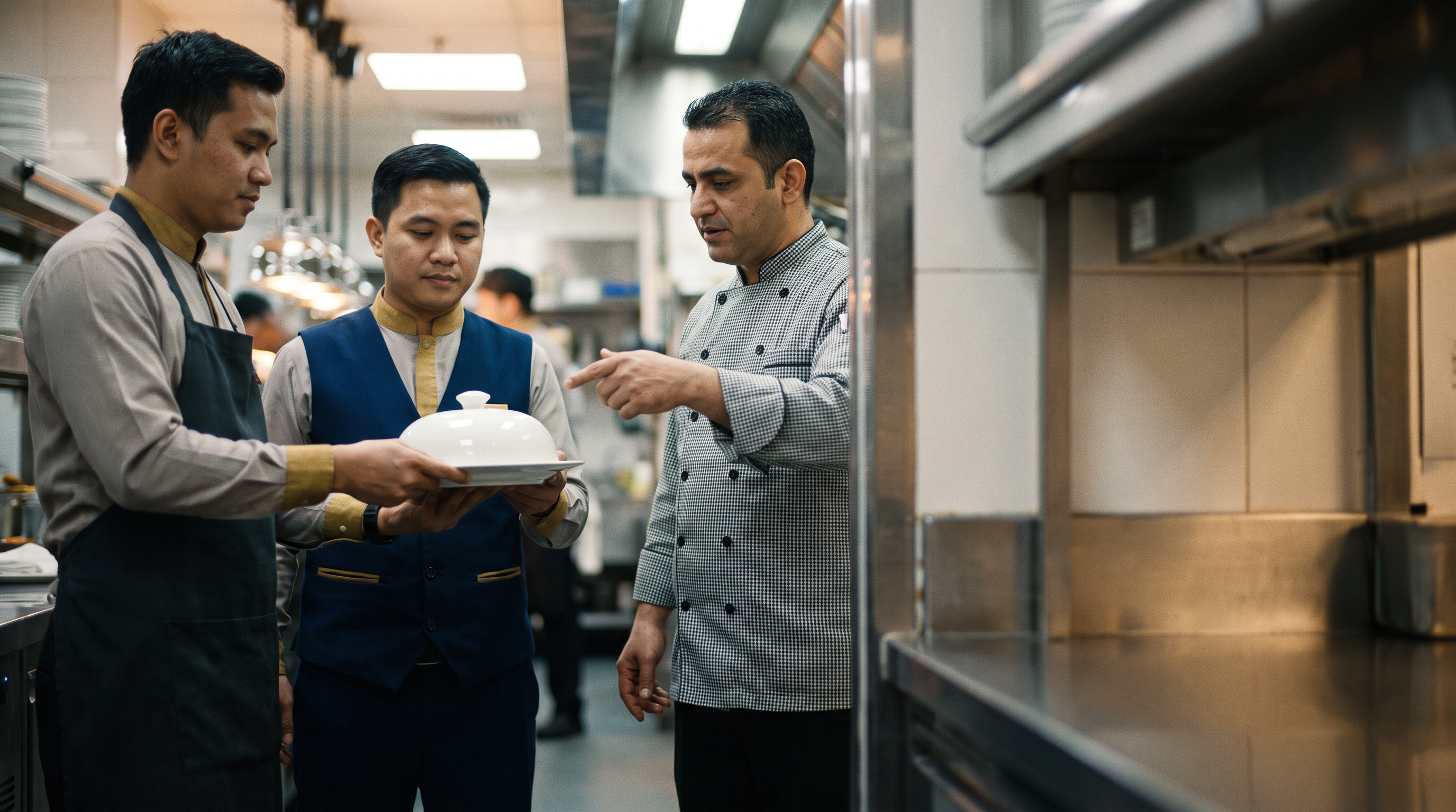 Restaurant staff review a covered dish together in a commercial kitchen.