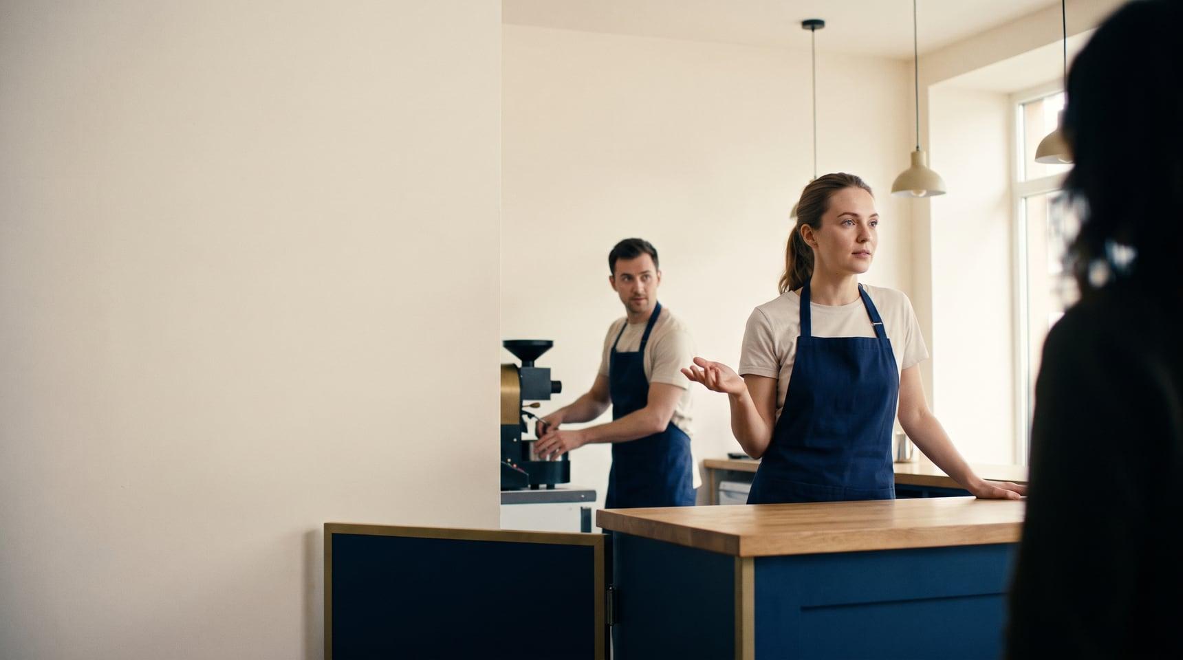 A café employee speaks with a customer while a colleague works behind the counter.