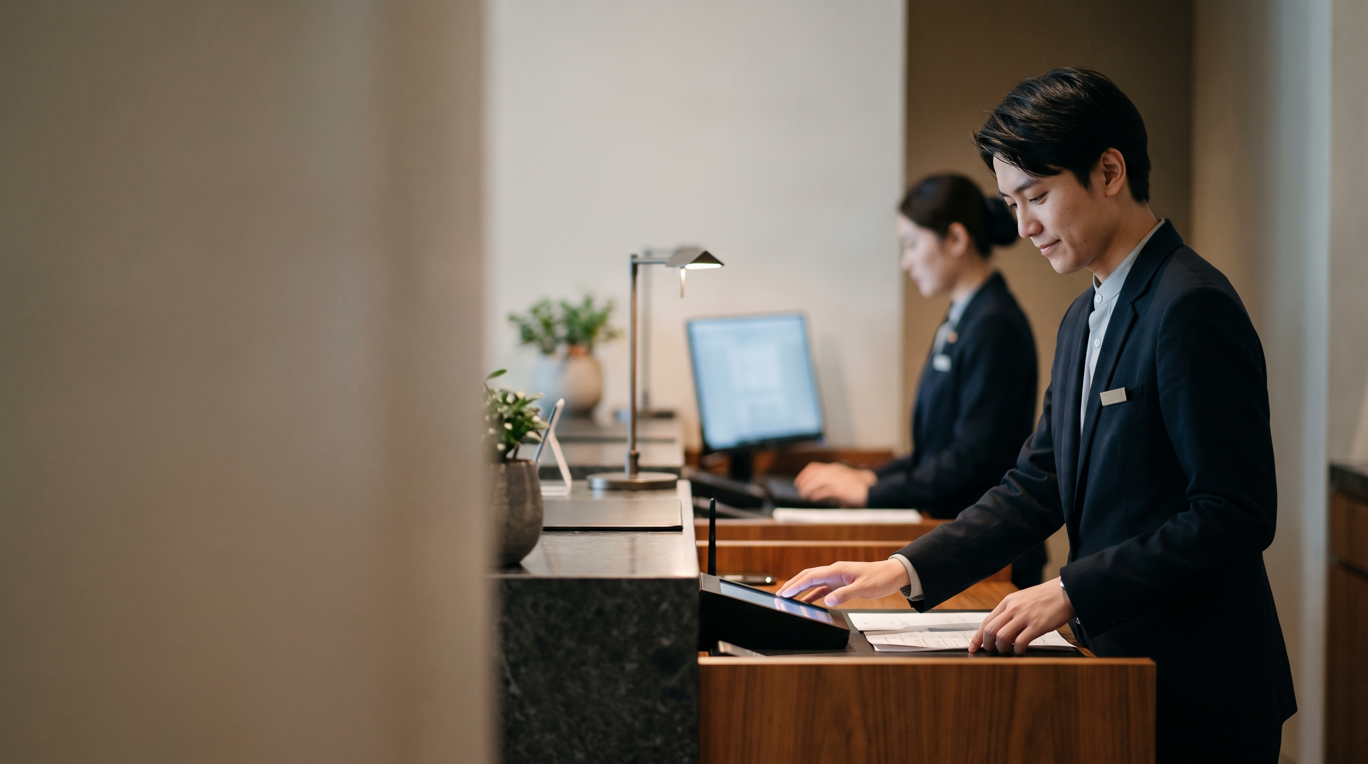 A service attendant handles a tablet and paperwork at a reception desk.