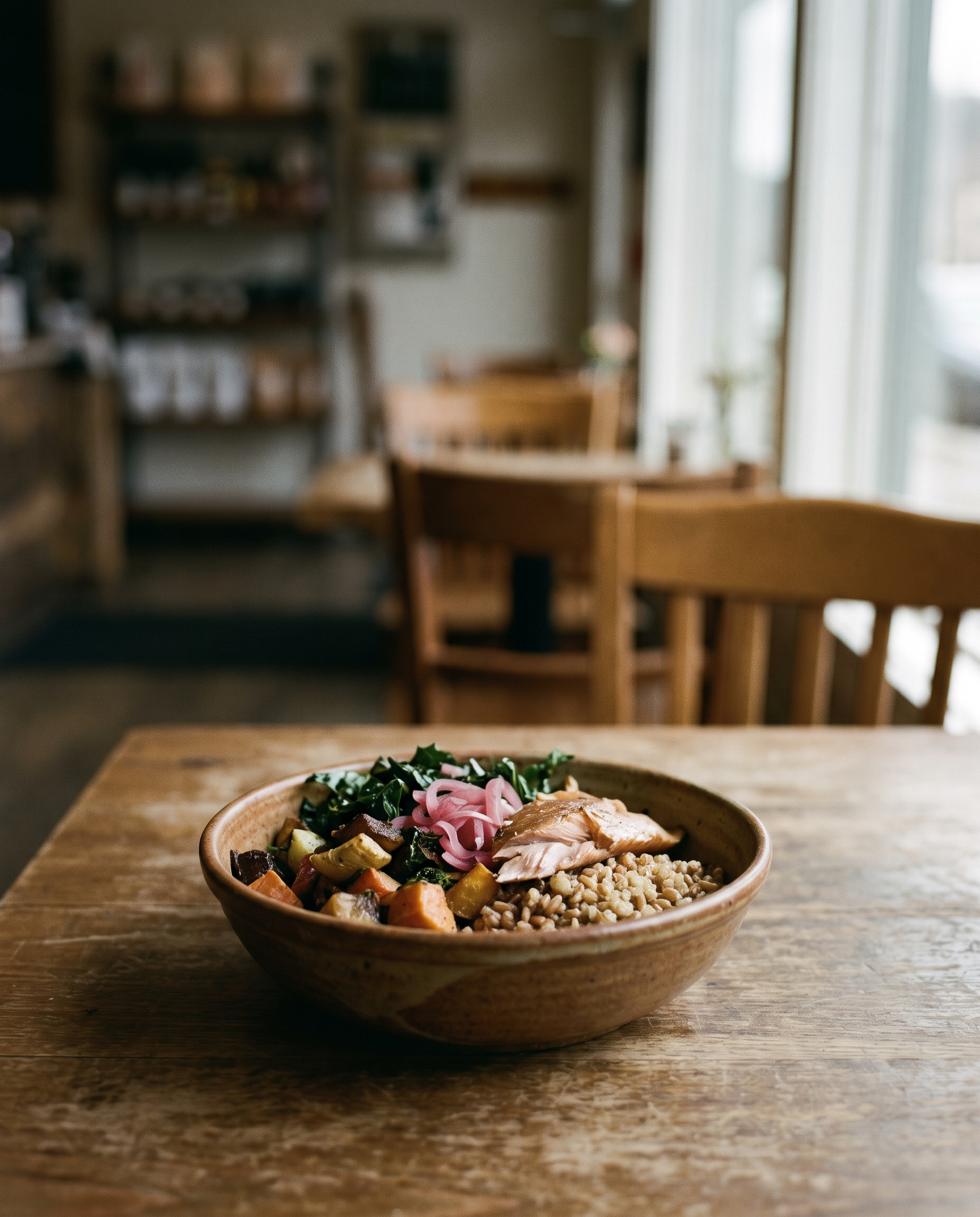 Harbor Bowl with grains, roasted vegetables and salmon