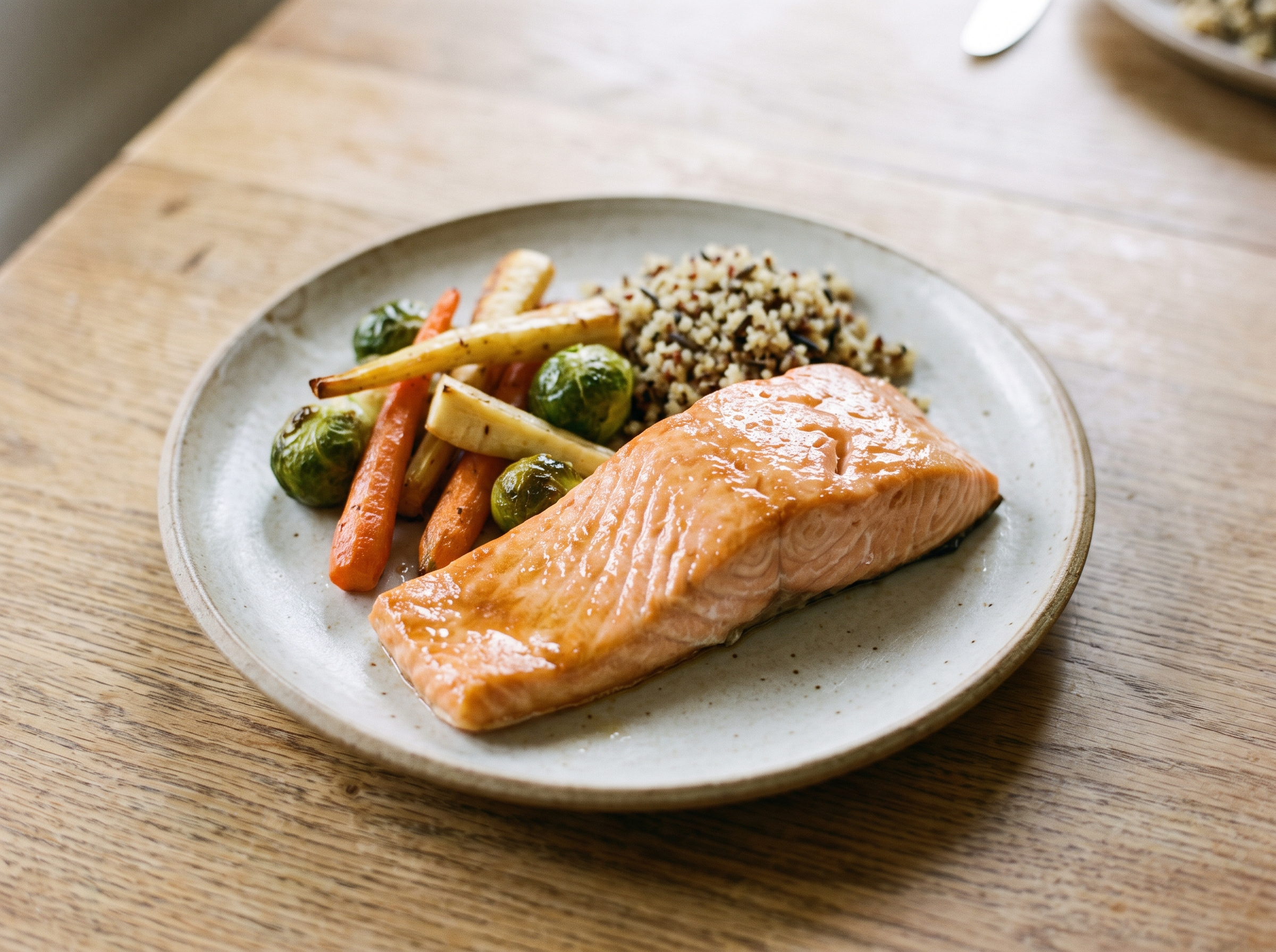 Maple-glazed Atlantic salmon with roasted seasonal vegetables