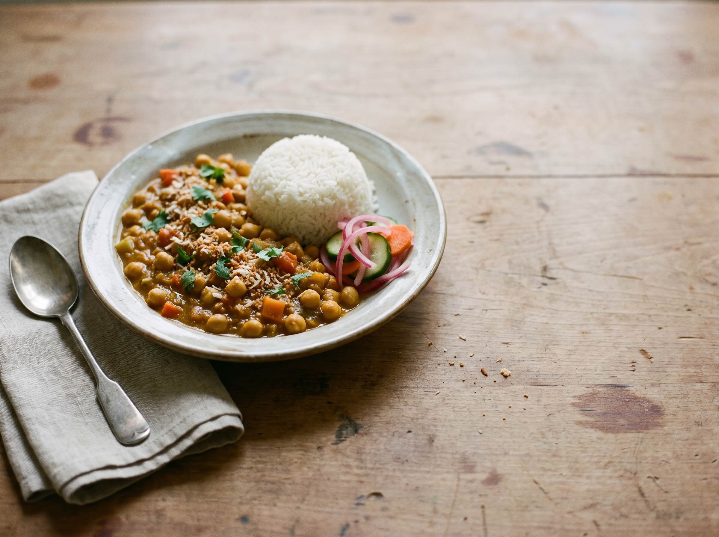 Coconut chickpea curry with jasmine rice and pickled vegetables