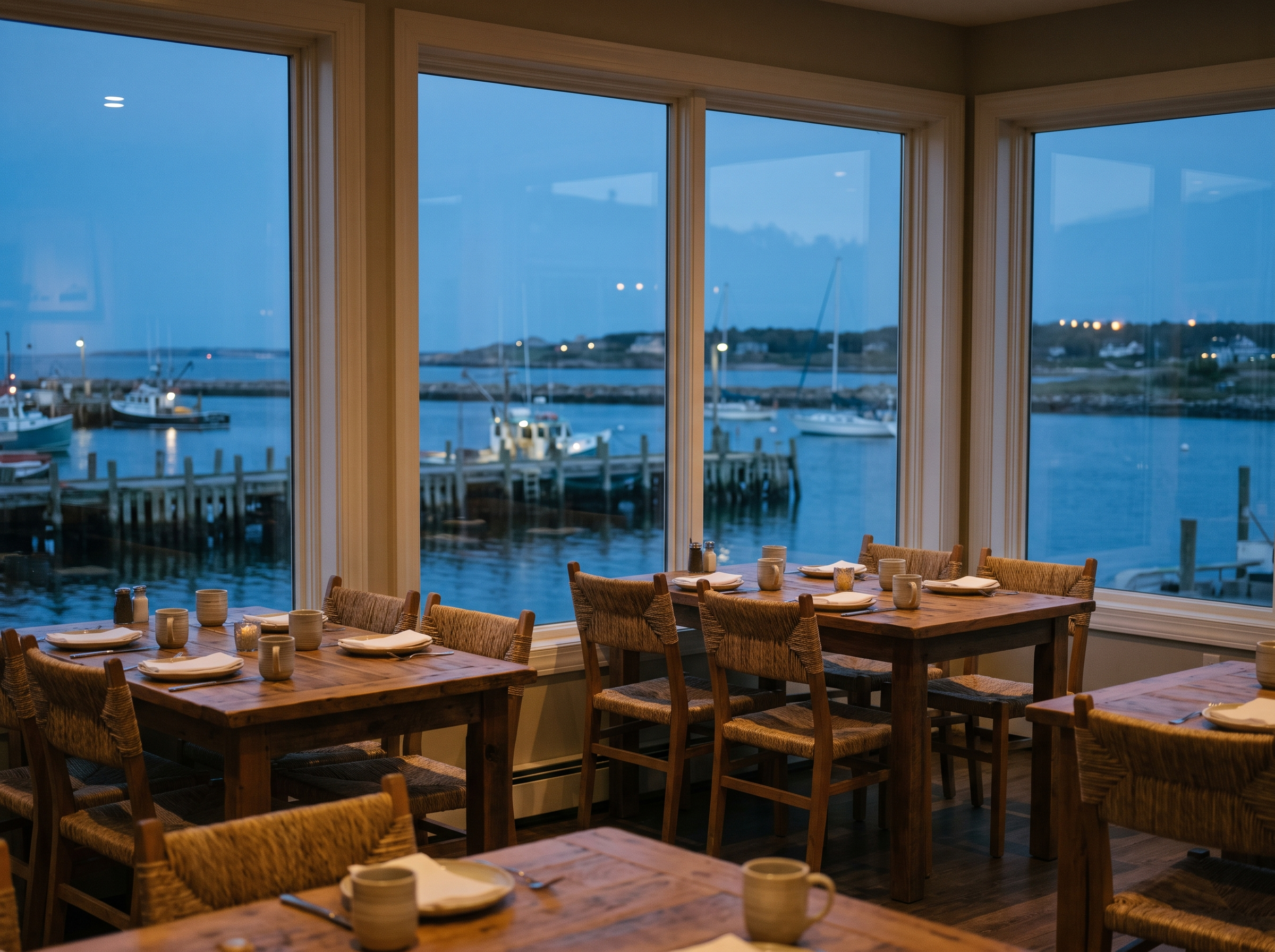 Warm Port Meridian Kitchen dining room overlooking the harbour at blue hour
