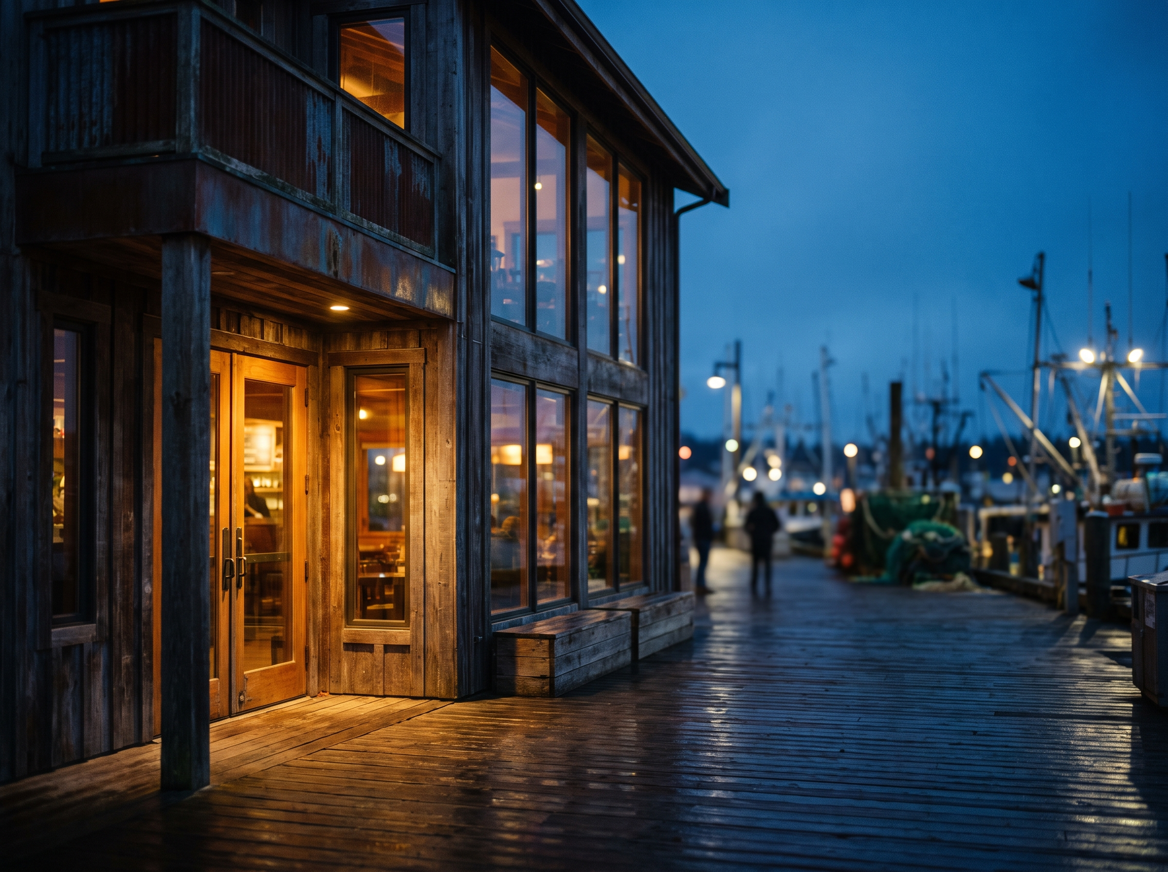 Port Meridian Kitchen glowing beside the harbour at blue hour
