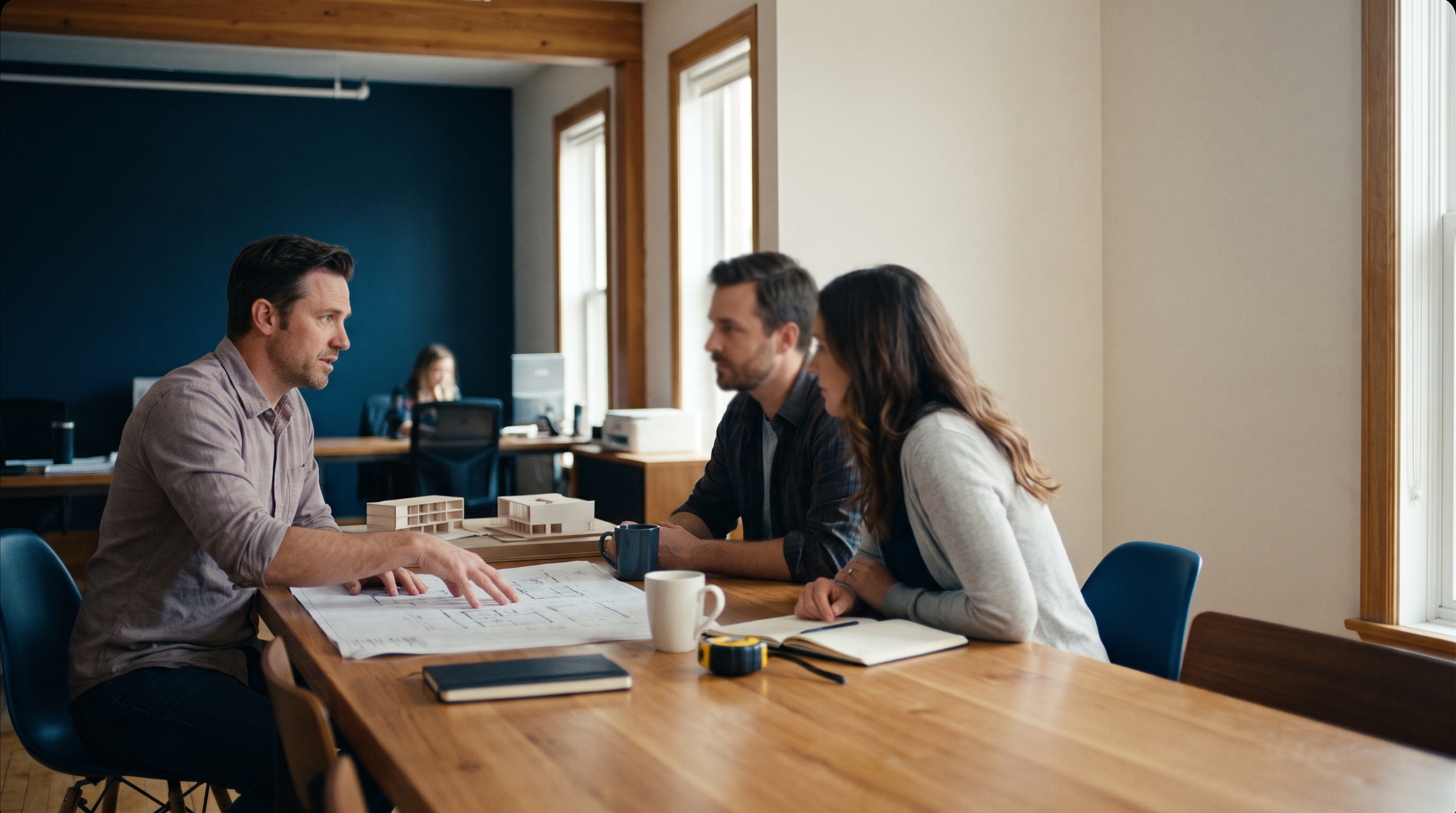 Three professionals review a large plan together around a worktable.