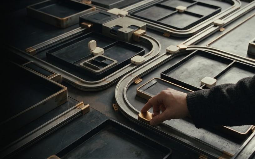 A hand adjusts a component on a modular system, an illustrative view of connected service work.